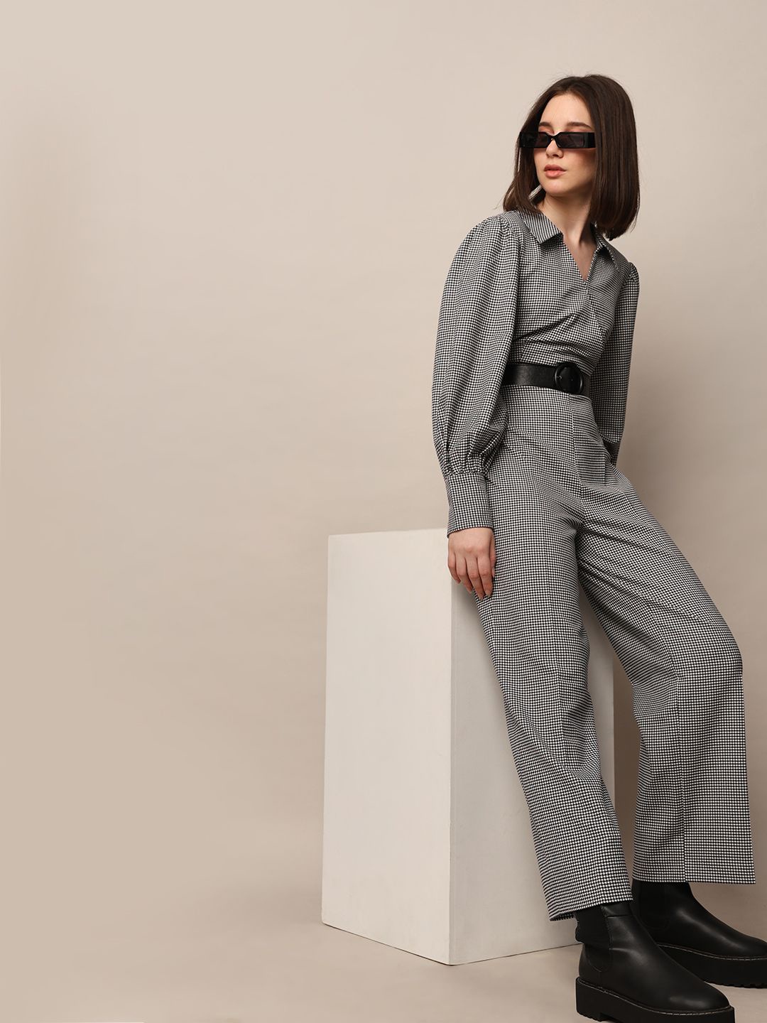

ONLY Checked Long Sleeves Basic Jumpsuit, Black