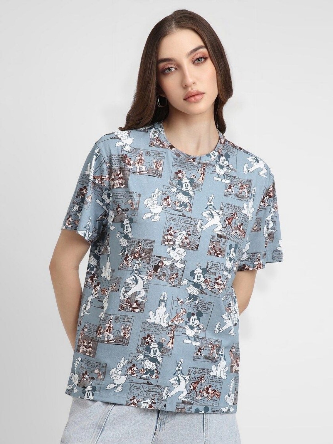 

FOREVER 21 Women Conversational Printed Round Neck Cotton T-Shirt, Blue