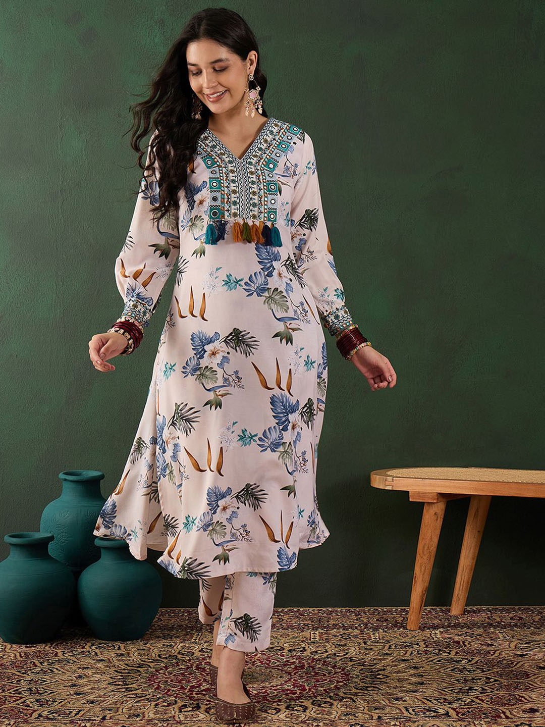 

Sangria Off White Floral Printed V-Neck Mirror Work A-Line Kurta With Trousers