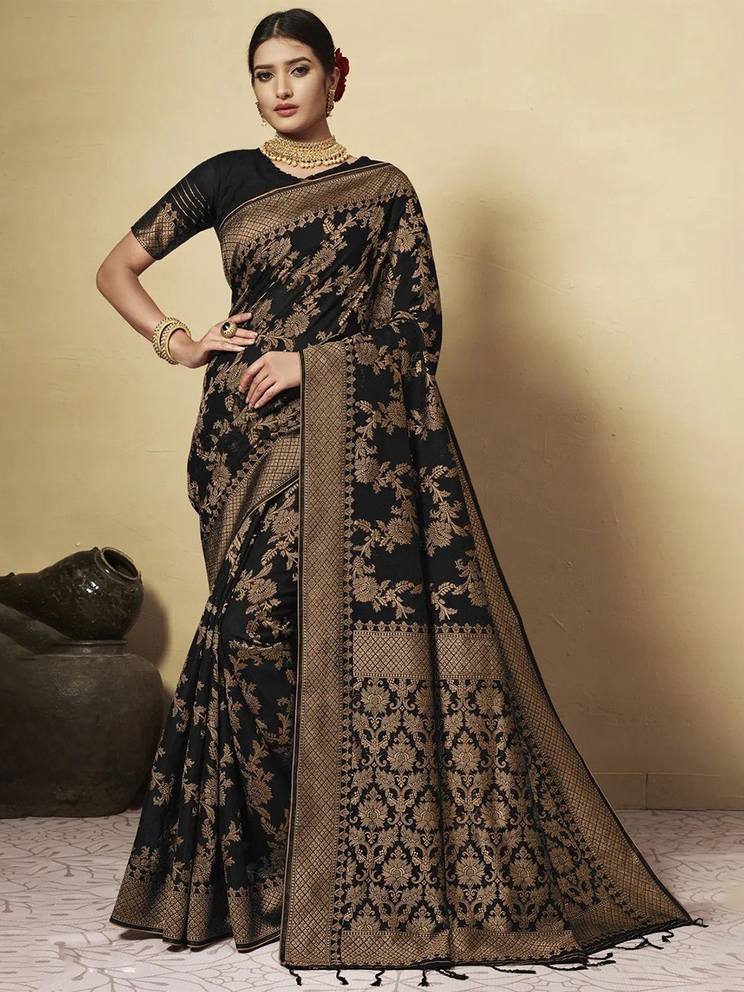 

Jinal & Jinal Woven Design Zari Pure Cotton Chanderi Saree, Black