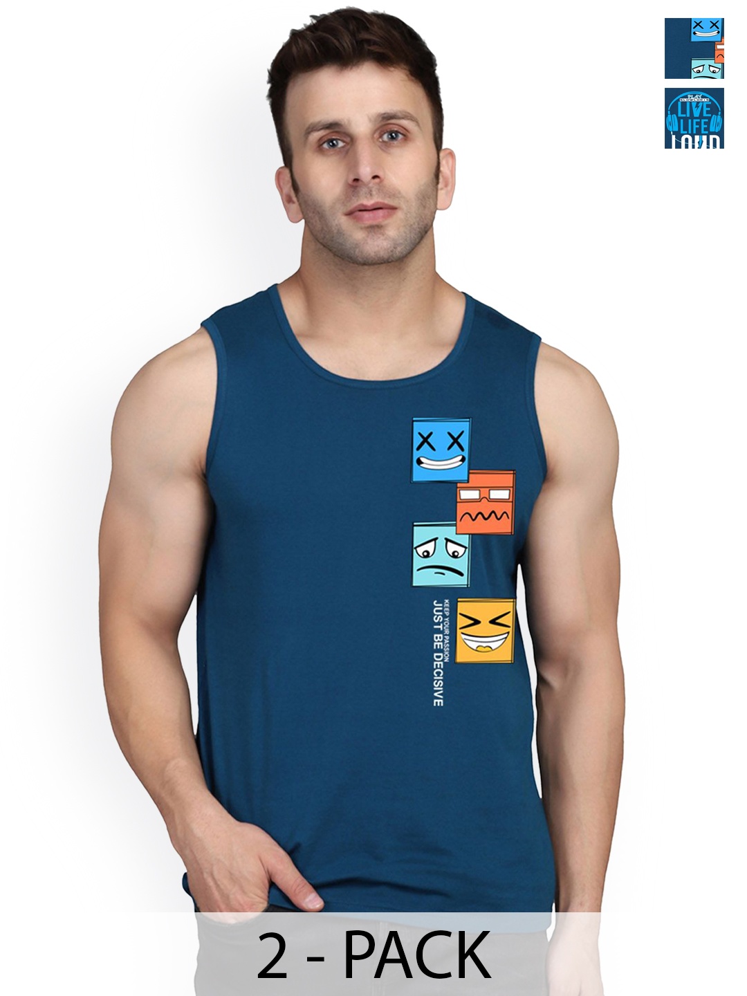 

SLOWLORIS Pack Of 2 Printed Gym Innerwear Vests, Teal