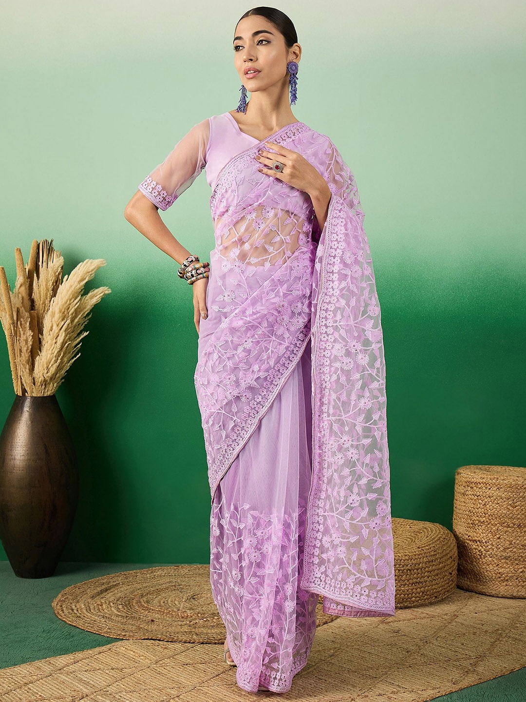 

SHADOW & SAINING Embellished Beads and Stones Net Saree, Lavender