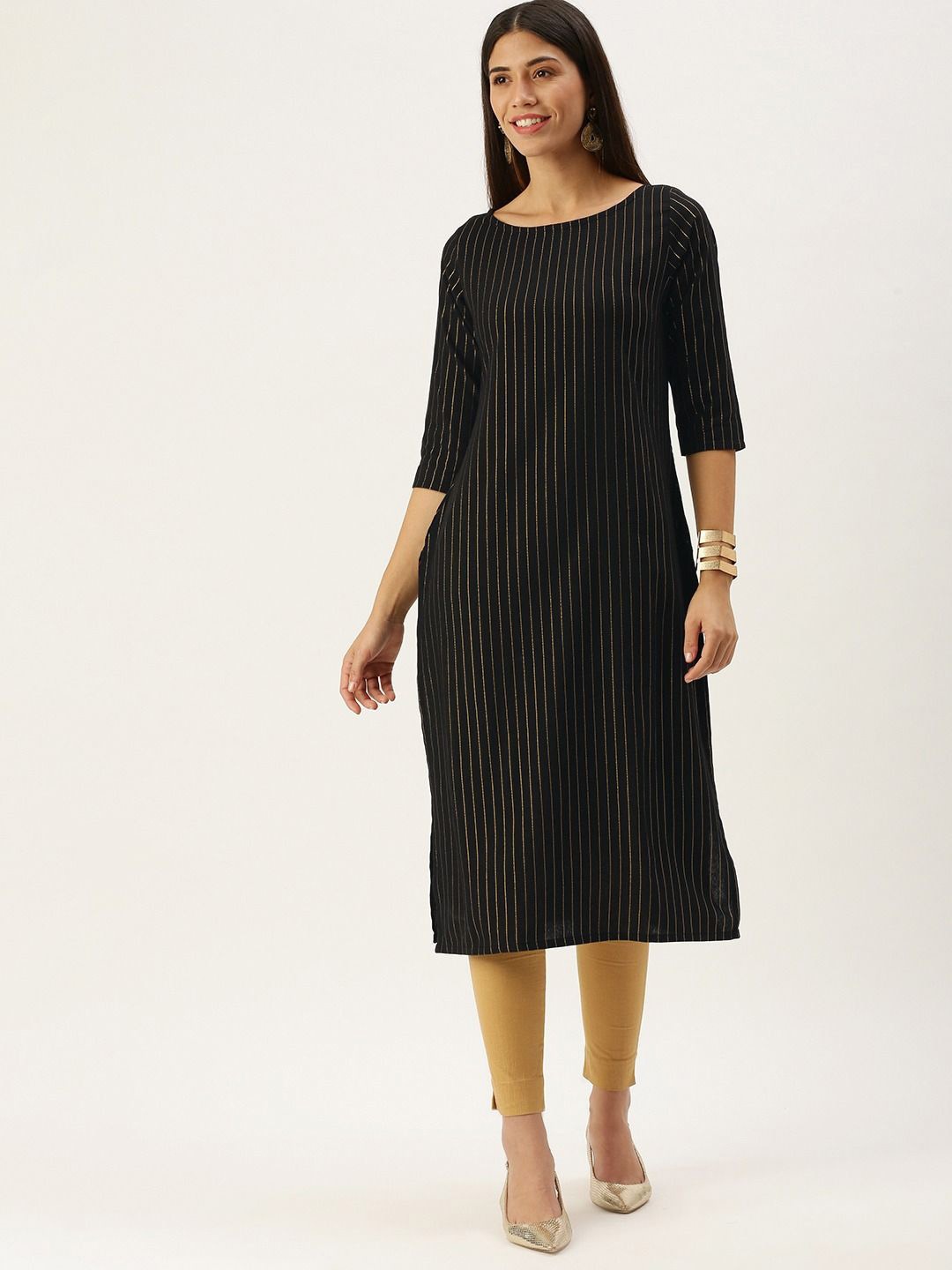 

KALINI Striped Printed Round Neck Straight Kurta, Black
