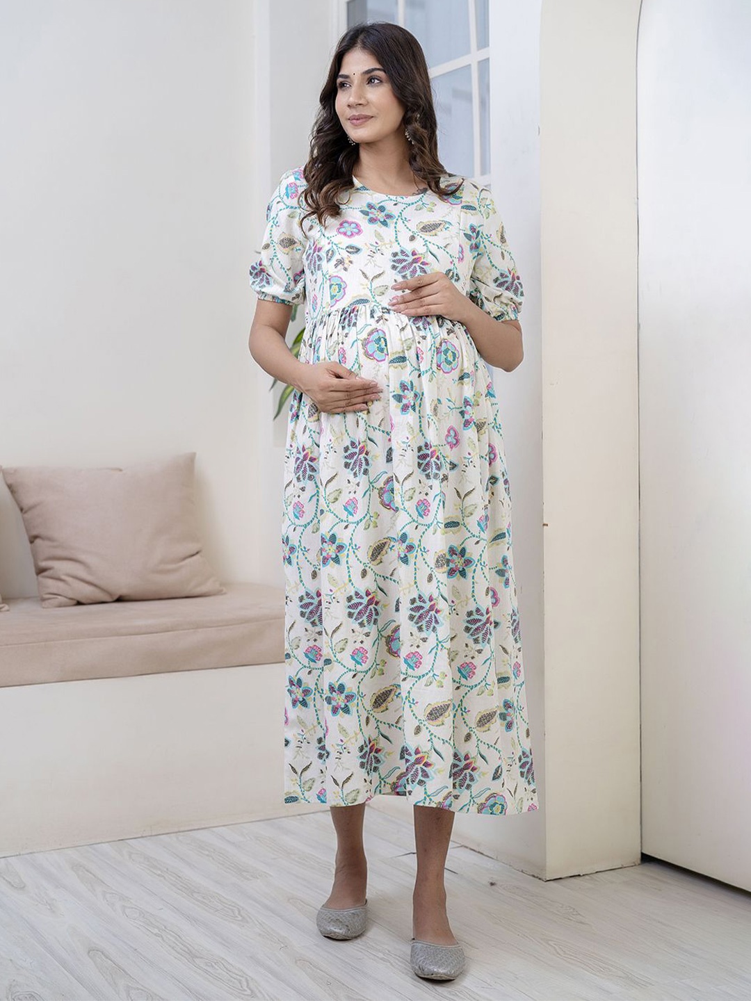 

Nayo Floral Printed Maternity Empire Midi Dress, Off white