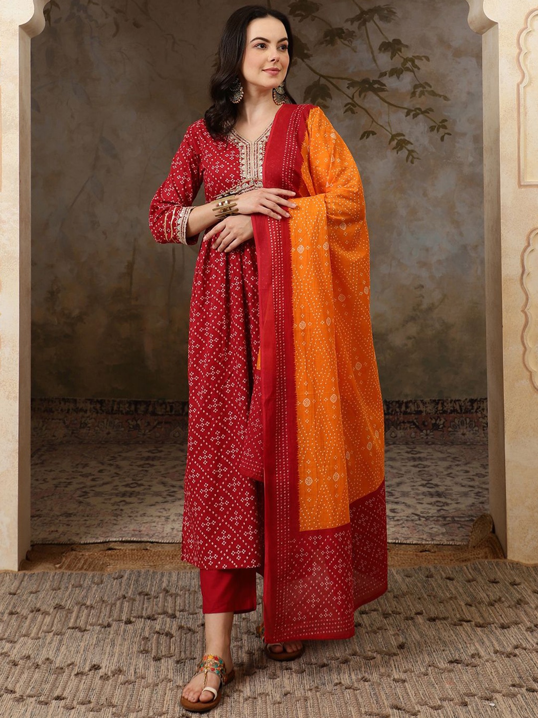 

Sangria Bandhani Printed V Neck Pure Cotton A Line Kurta & Trousers With Dupatta, Red