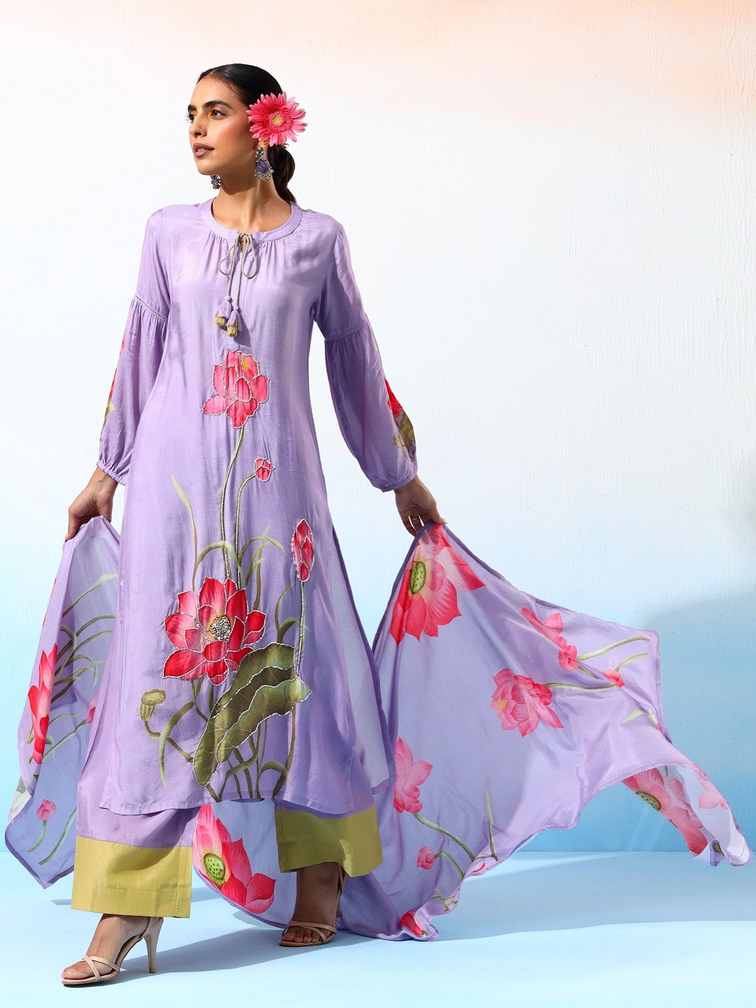 

Bani Women Floral Printed Sequinned Straight Pure Silk Kurta With Palazzos & Dupatta, Lavender