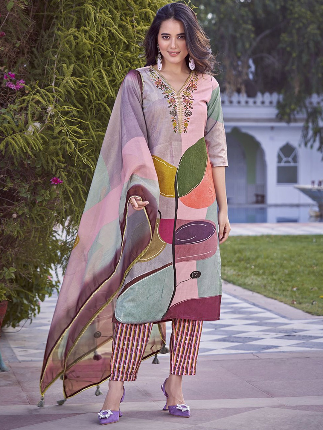 

KALINI Floral Embroidered Kurta with Trousers & Dupatta, Pink