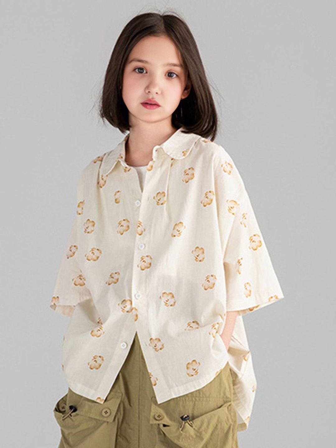 

INCLUD Girls Spread Collar Floral Printed Polycotton Oversized Casual Shirt, Beige