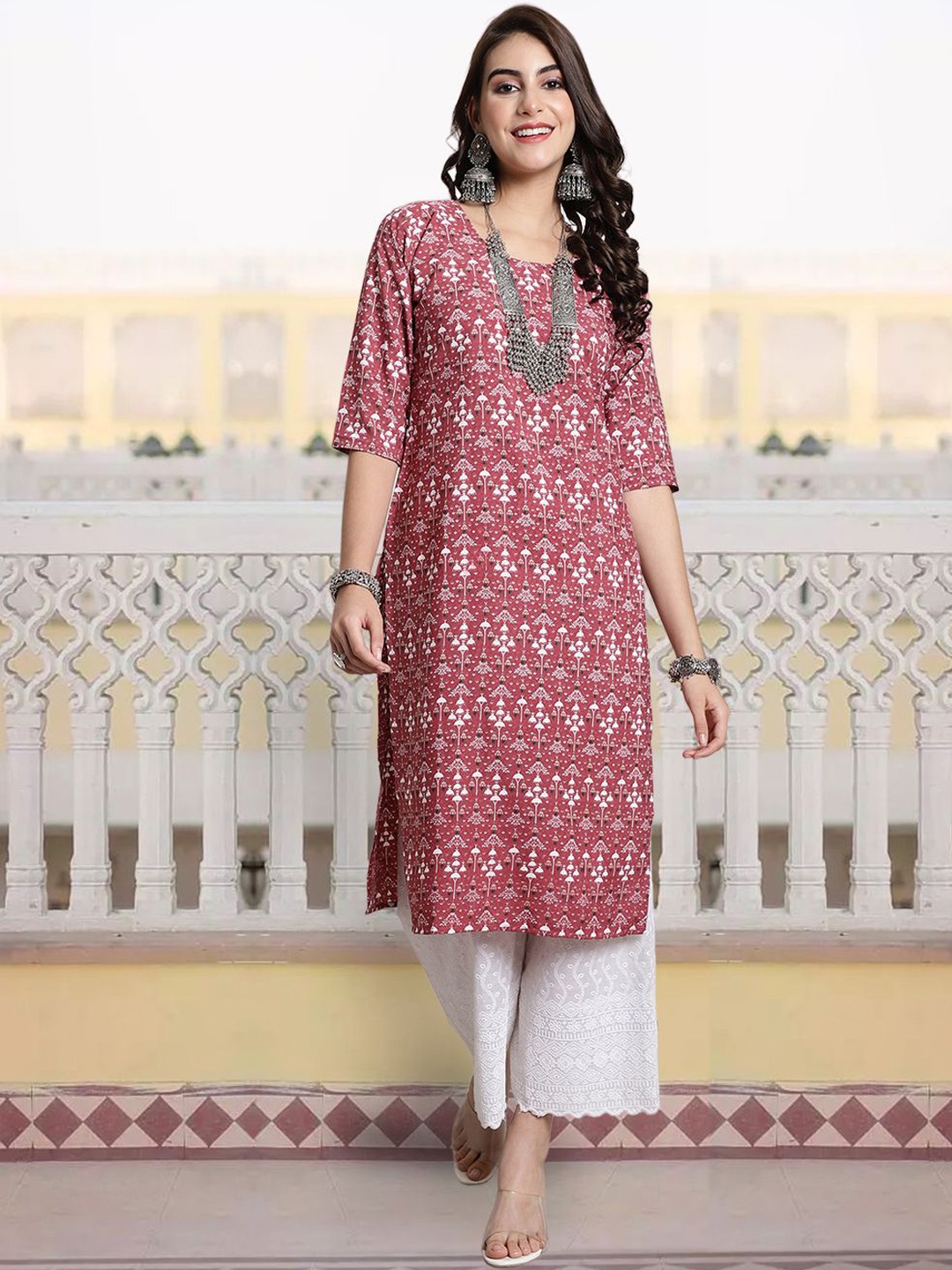 

7Threads Ethnic Motifs Printed Round Neck Straight Kurta, Peach