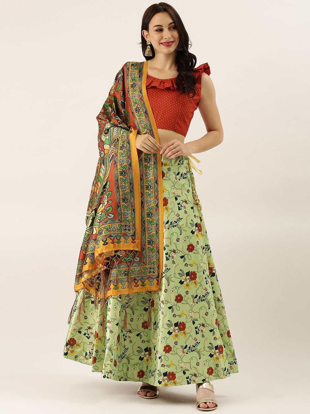 

Kaizen TEXO FAB Printed Semi-Stitched Lehenga & Unstitched Blouse With Dupatta, Lime green