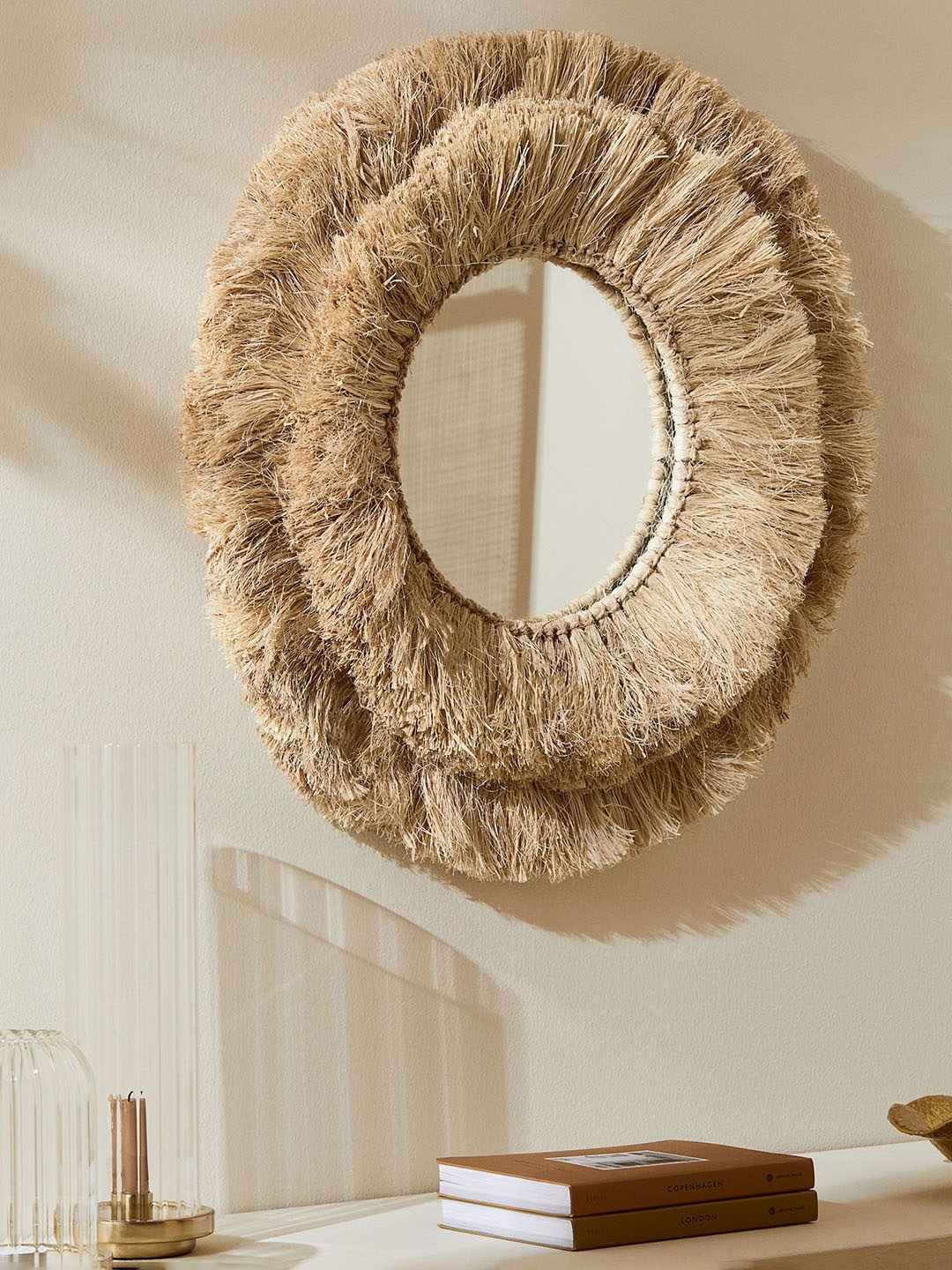 

H&M Large Mirror With Straw Frame, Beige