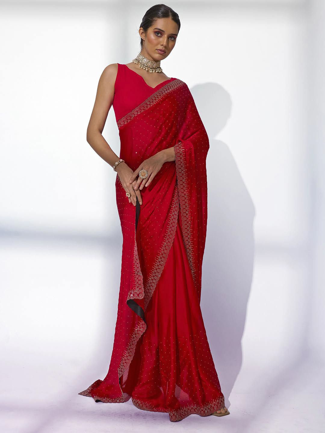 

Mitera Embellished Beads and Stones Satin Saree, Red