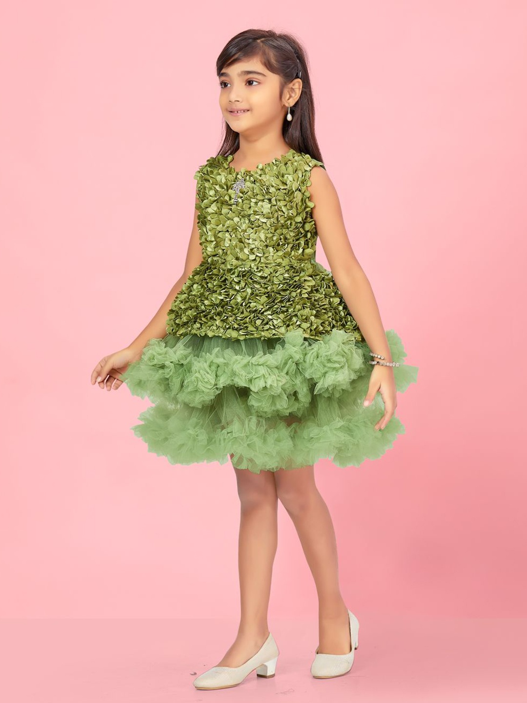 

BAESD Girls Net Self Design A-Line Dress, Green