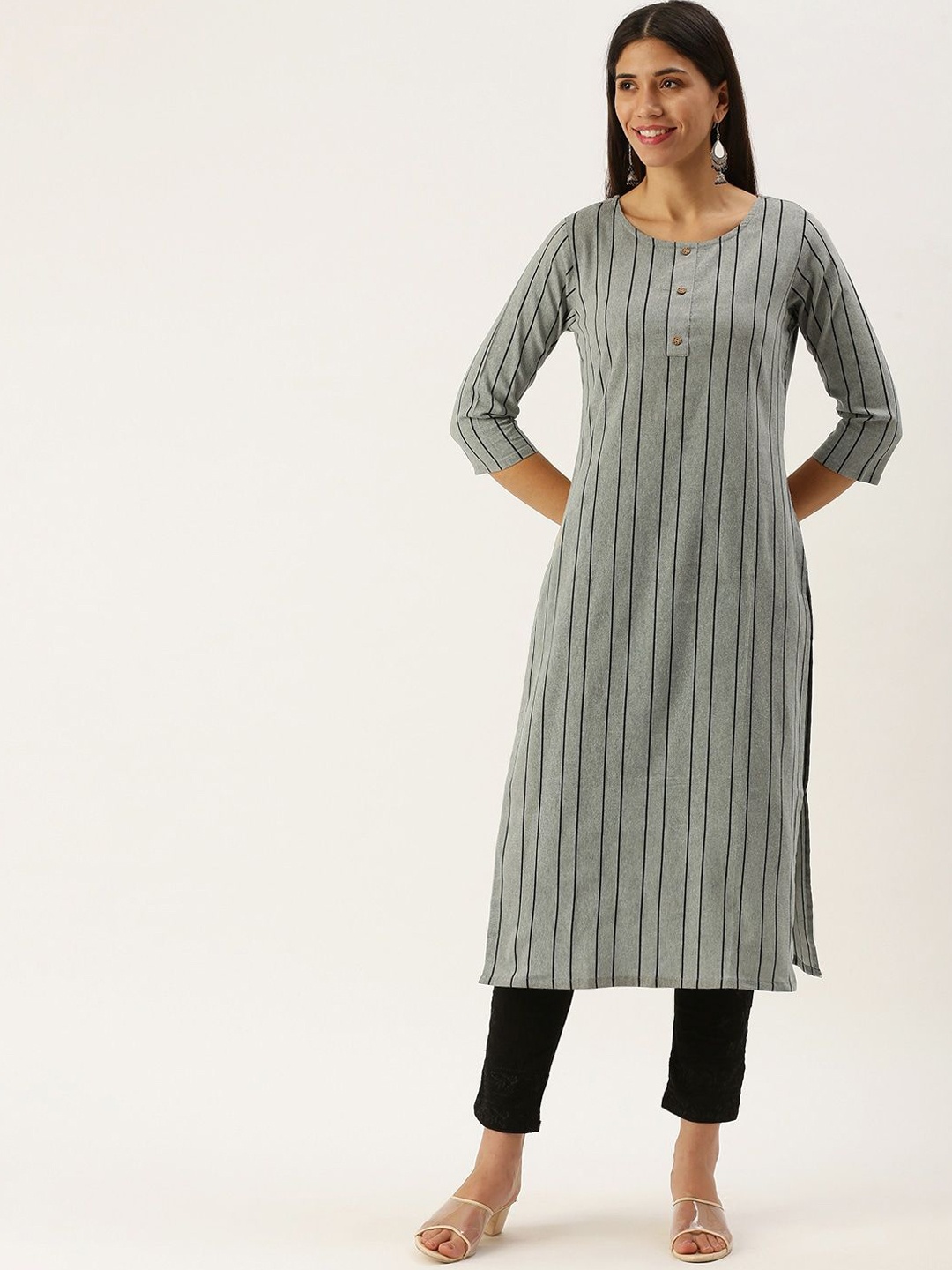 

KALINI Striped Round Neck Regular Straight Kurta, Grey