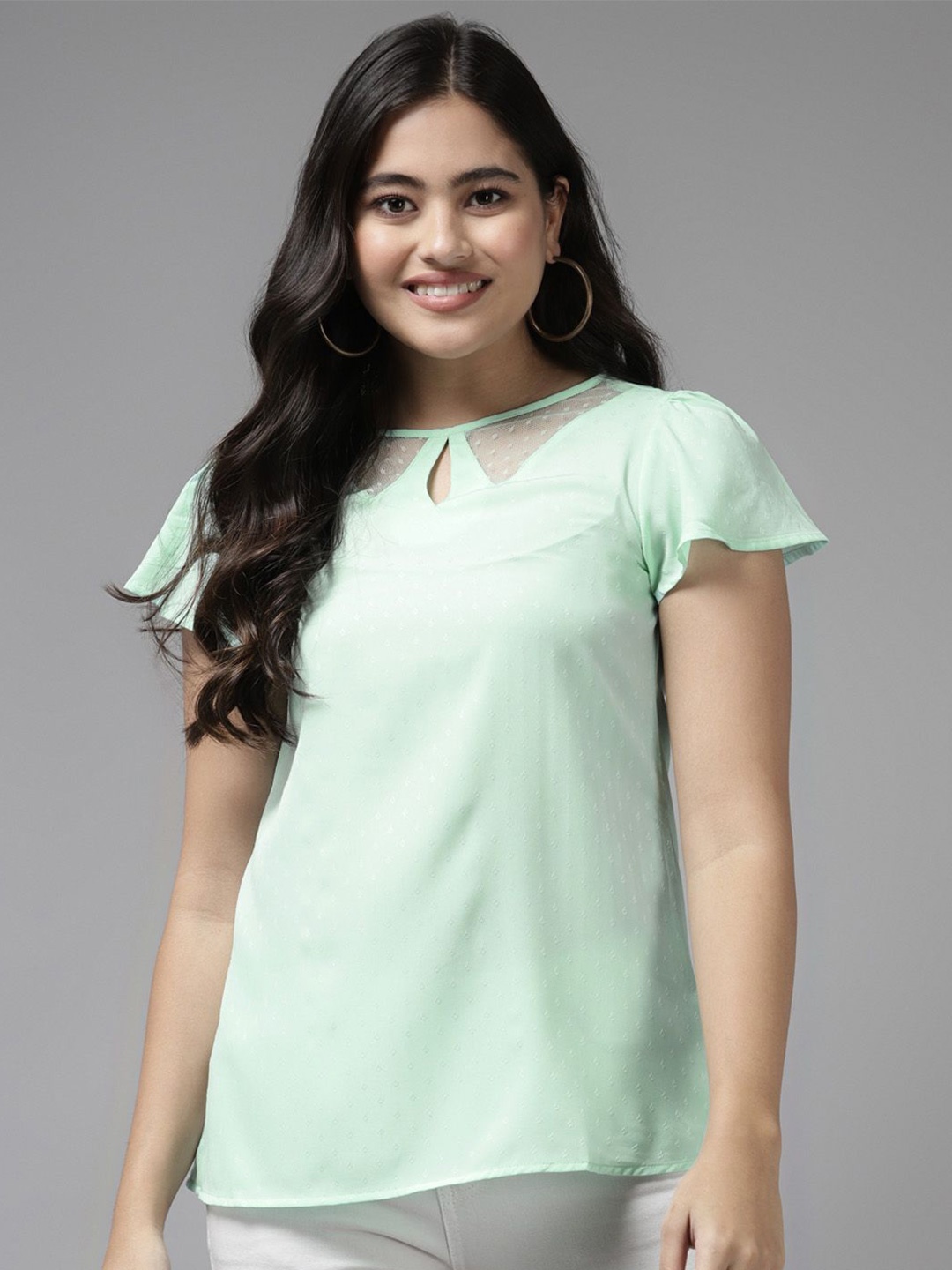 

BAESD Women Self Design Round Neck Top, Sea green