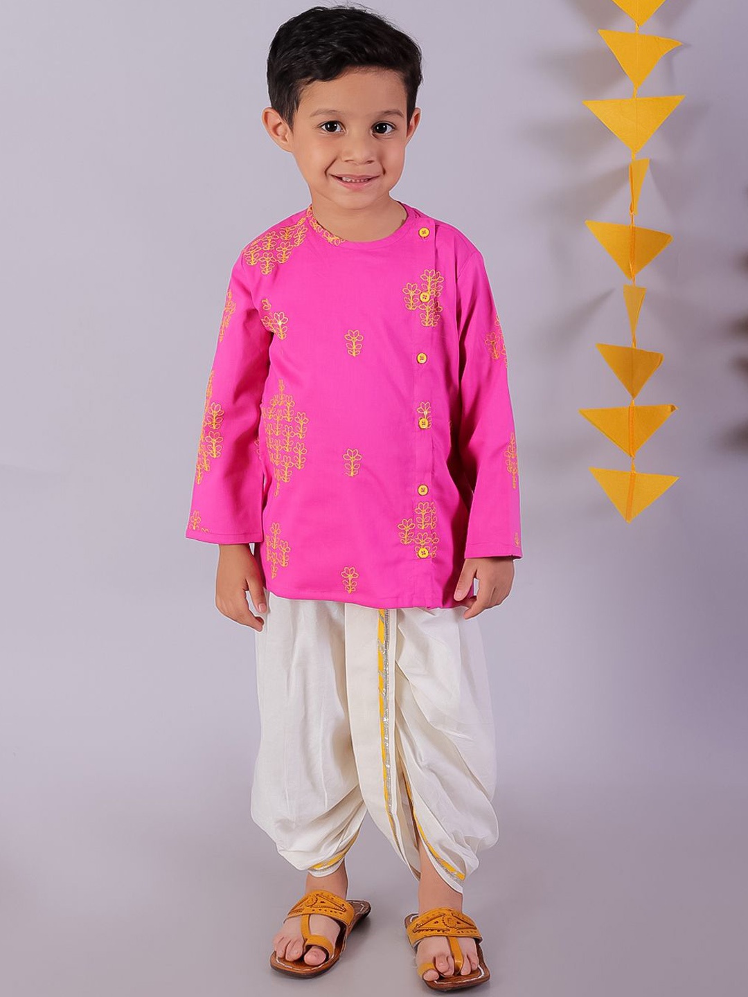 

LIL DRAMA Boys Floral Embroidered Thread Work Pure Cotton Kurta With Dhoti Pant, Pink