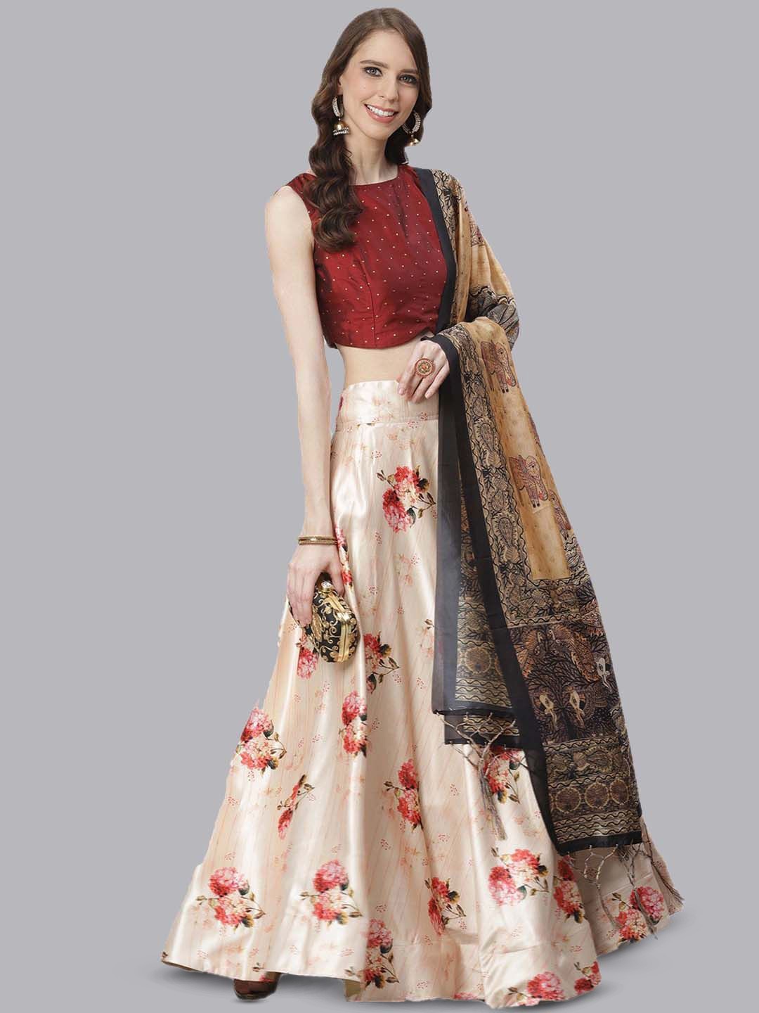 

Kaizen TEXO FAB Printed Satin Semi-Stitched Lehenga & Unstitched Blouse With Dupatta, Cream