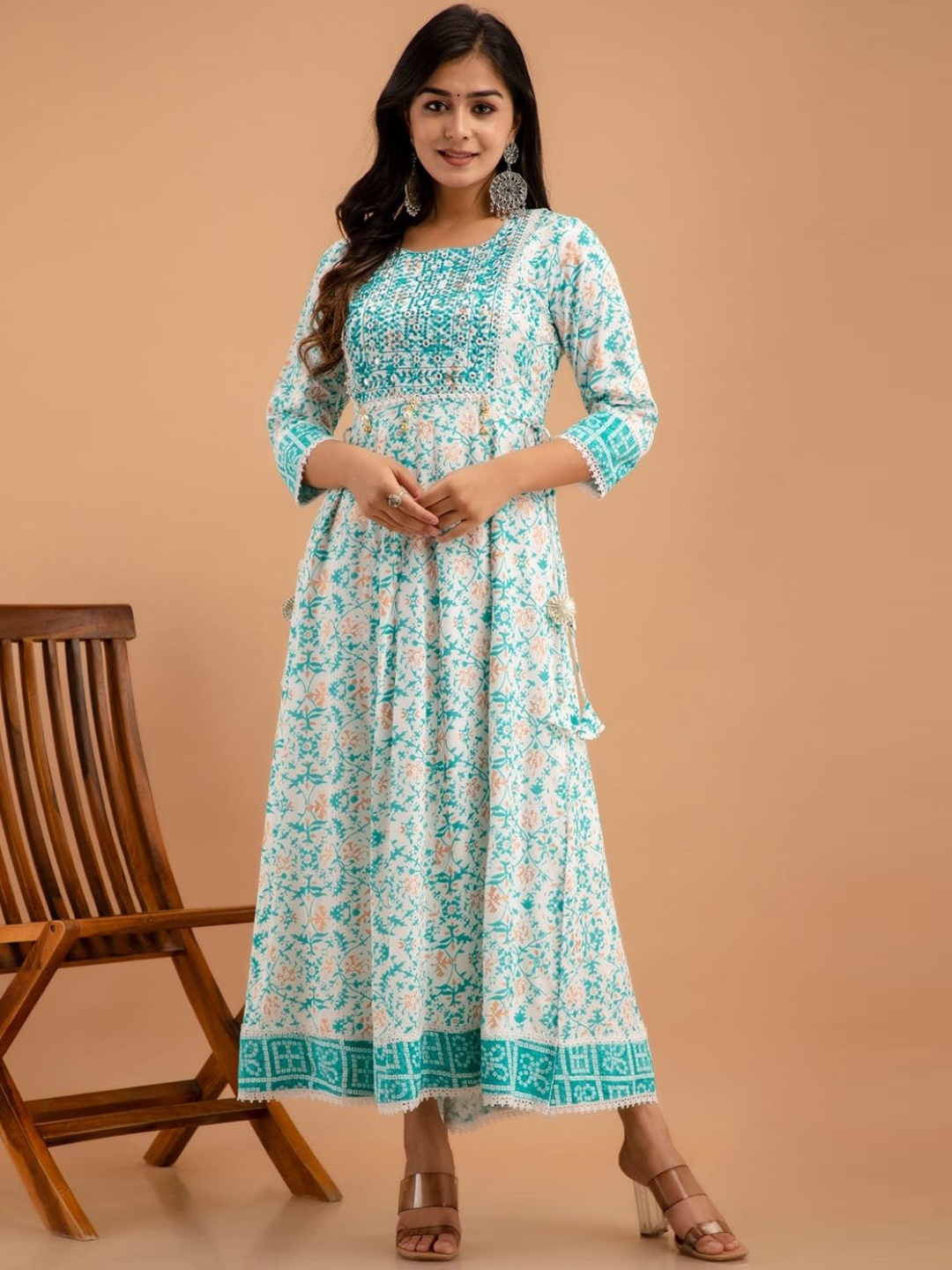 

PARTHVI Women Floral Embroidered Thread Work Cotton Anarkali Kurta, Turquoise blue