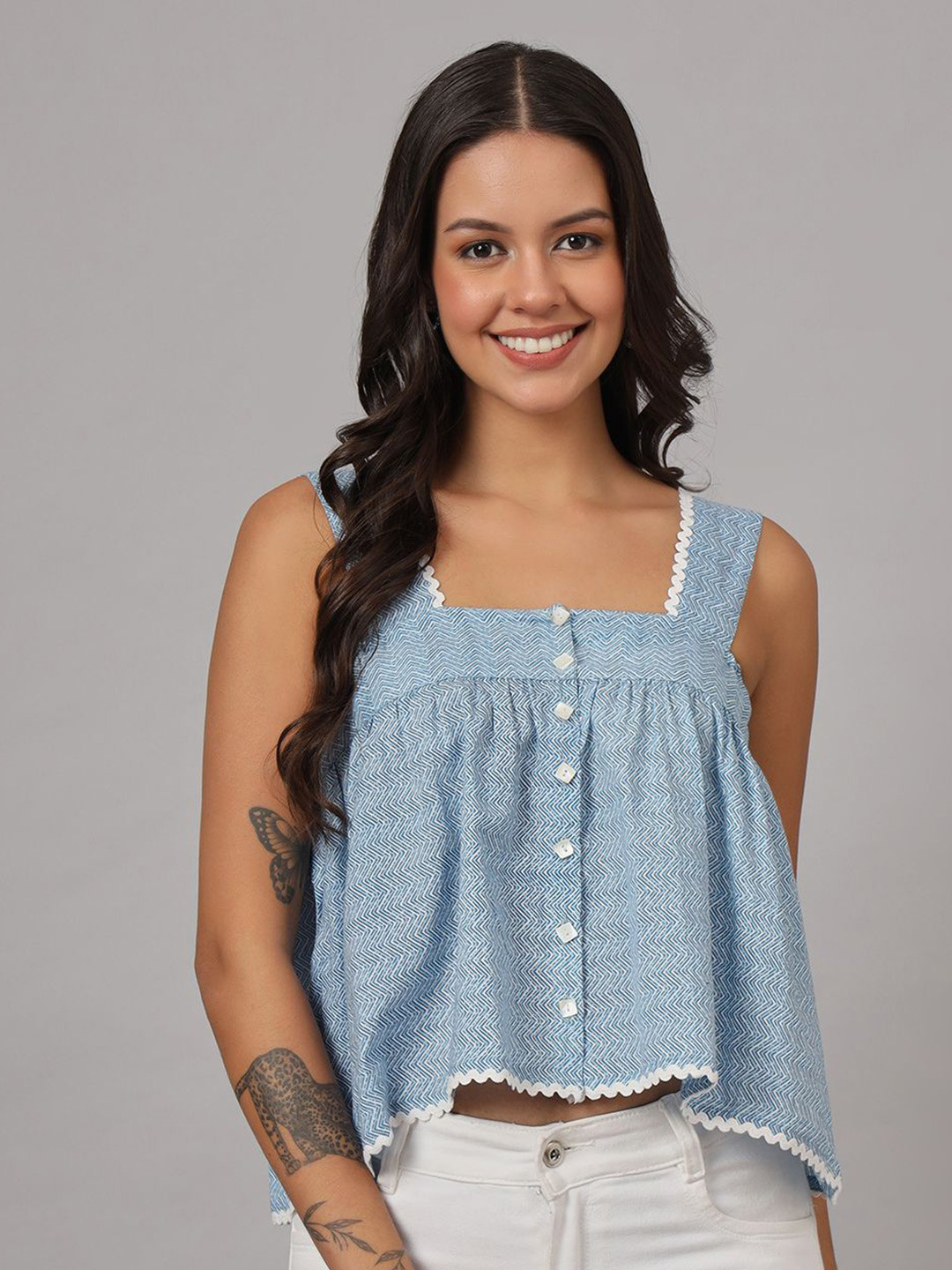 

FABRIC FITOOR Women Abstract Printed Square Neck Cotton Top, White