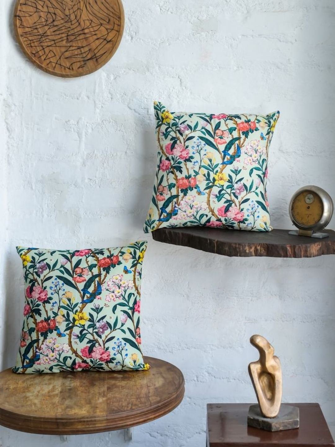 

ABSTRACT INDIA Brown & Green 2Pieces Floral Cotton Square Cushion Covers