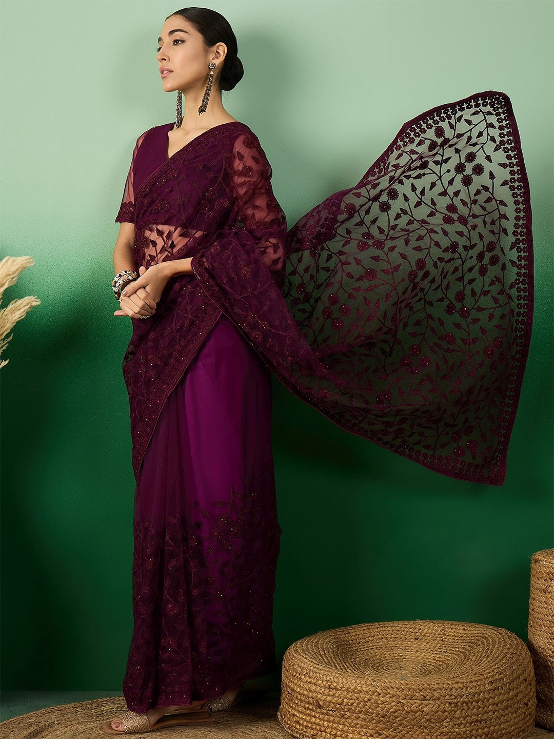 

SHADOW & SAINING Floral Beads and Stones Net Saree, Burgundy