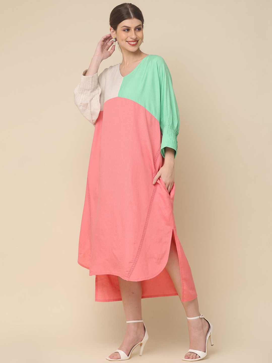 

Zolo Label Colourblocked Cuffed Sleeve A-Line Midi Dress, Peach