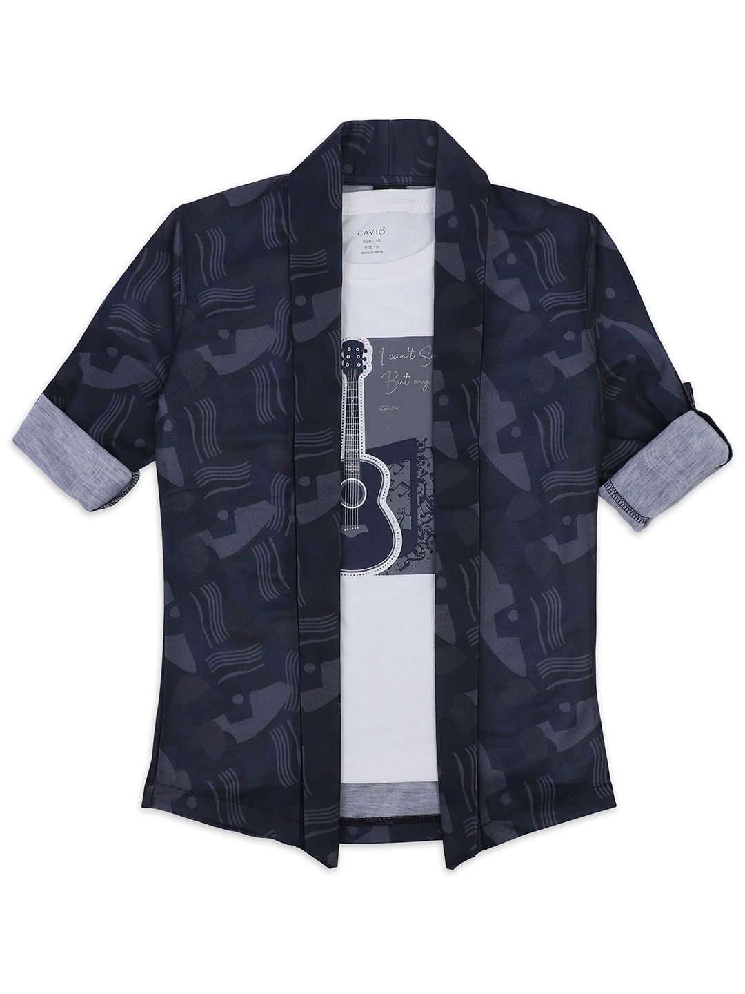 

CAVIO Boys Floral Printed Shawl Collar Open Front Jacket with T-shirt, Navy blue