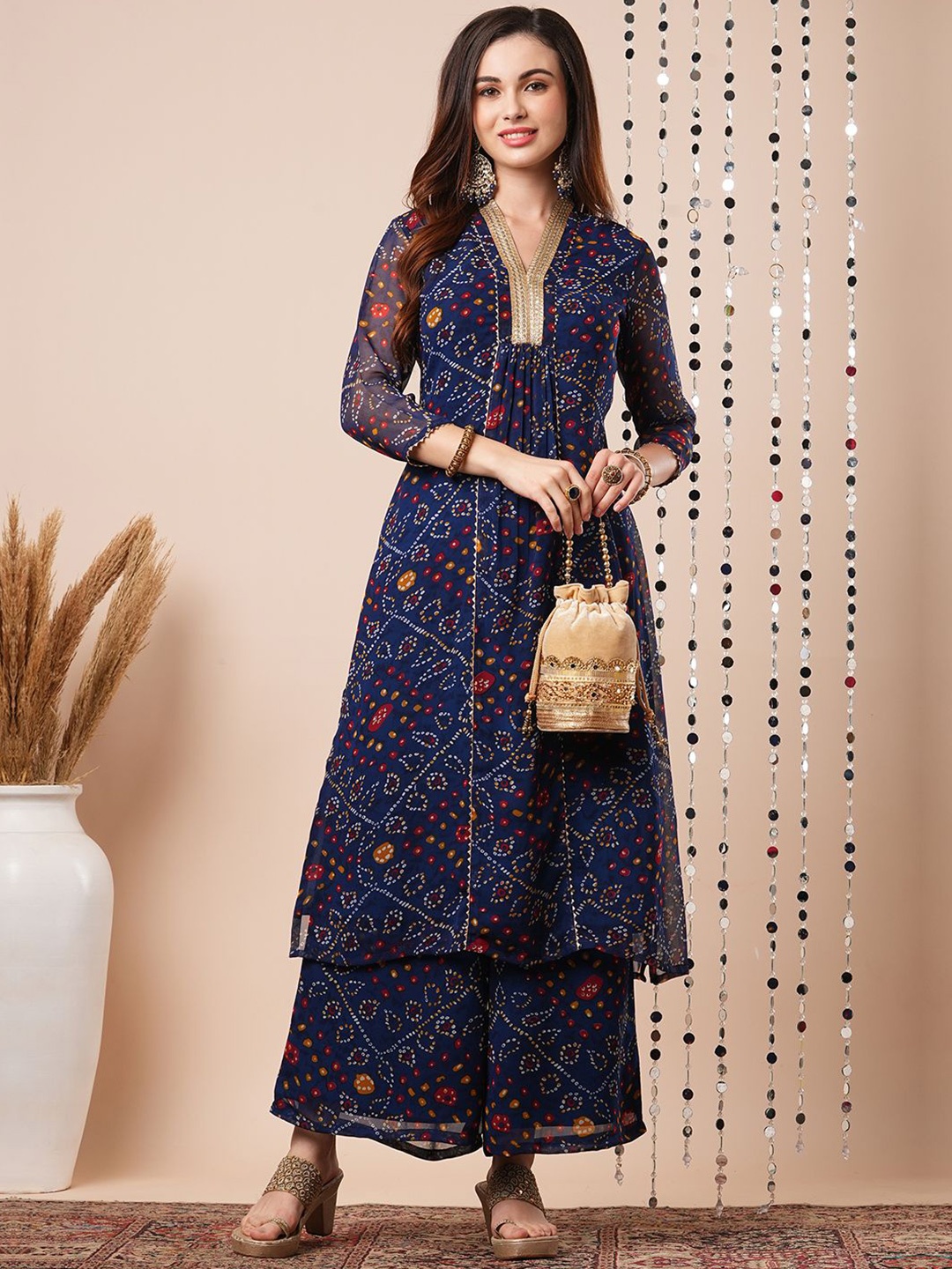 

Globus Bandhani Printed Pleated Gotta Patti Kurta with Palazzos, Blue