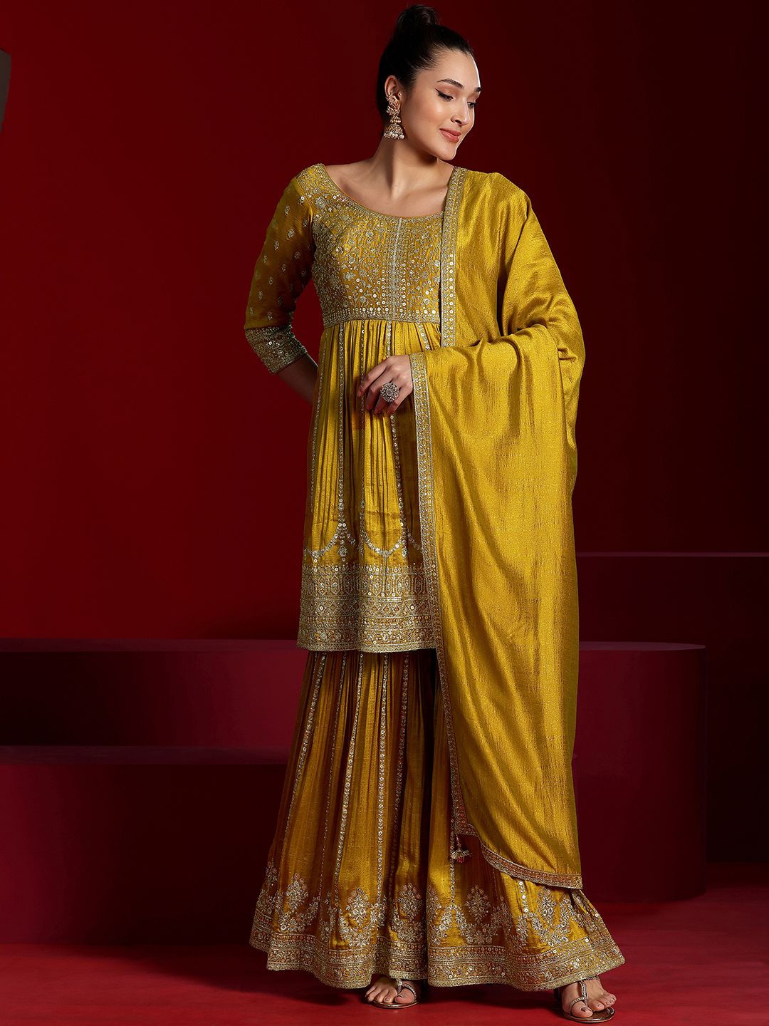 

Libas Art Floral Embroidered Empire Sequinned Anarkali Kurta with Sharara & Dupatta, Mustard