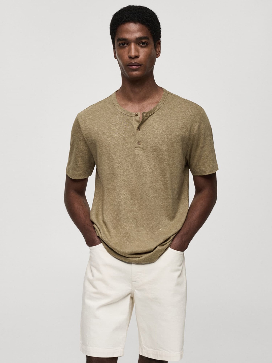 

MANGO MAN Slim Fit Cotton Linen Henley Neck T-shirt, Khaki