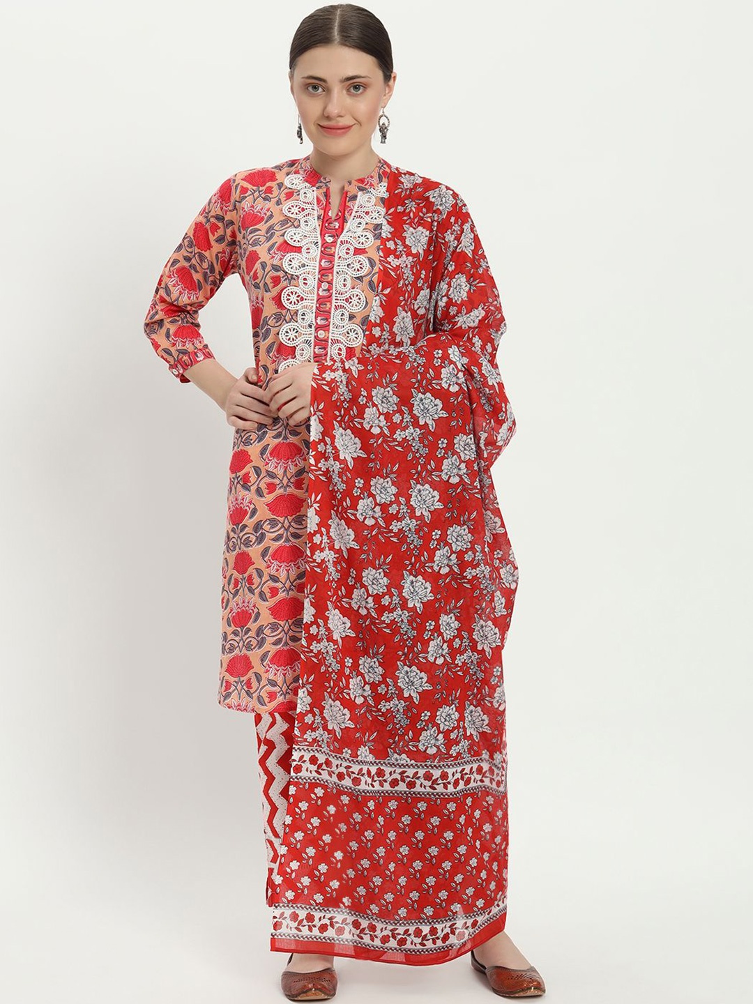 

FABNEST Women Floral Printed Regular Thread Work Pure Cotton Kurta with Trousers & With Dupatta, Red