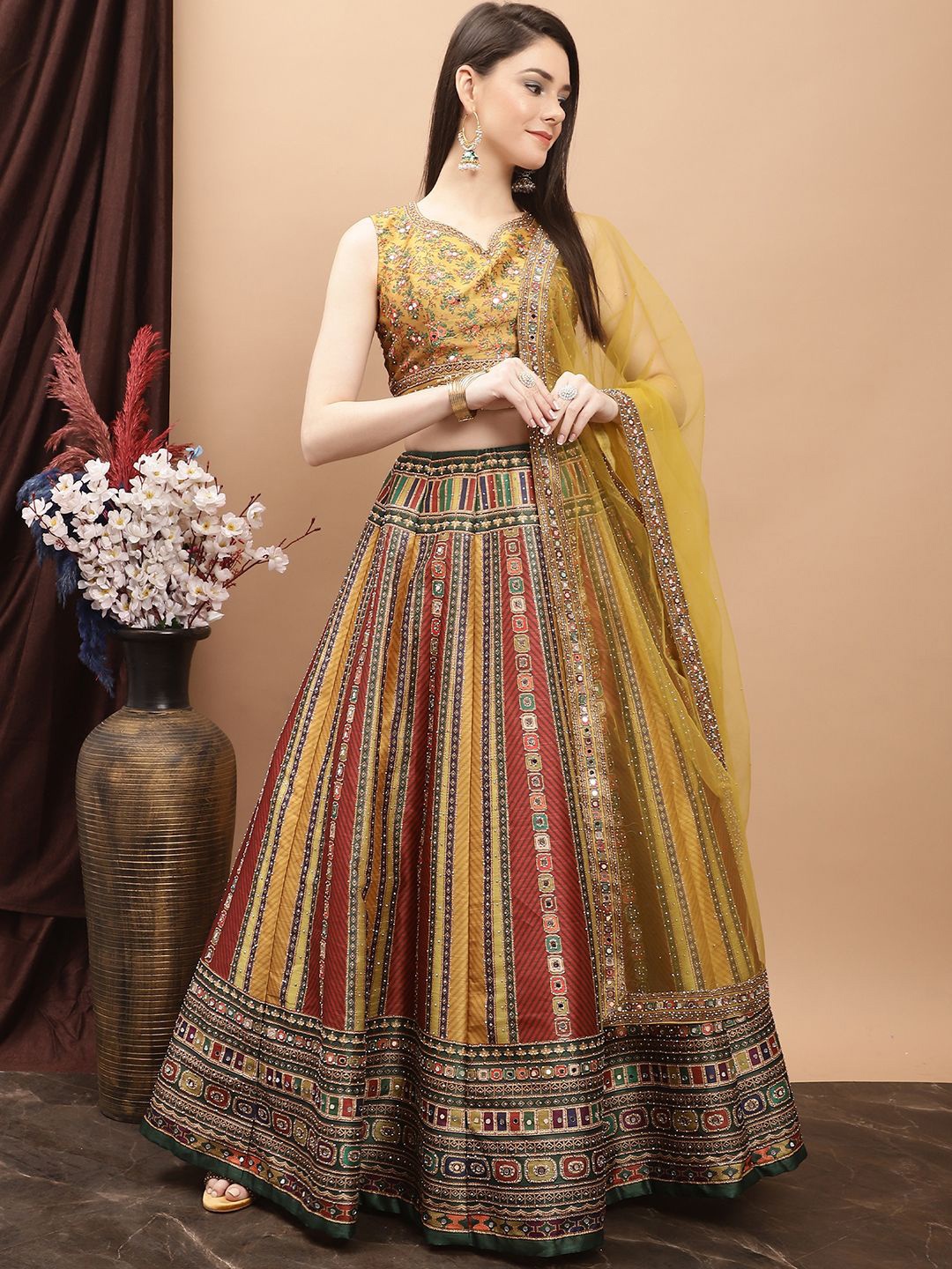 

Grancy Printed Mirror Work Ready to Wear Lehenga & Blouse With Dupatta, Mustard