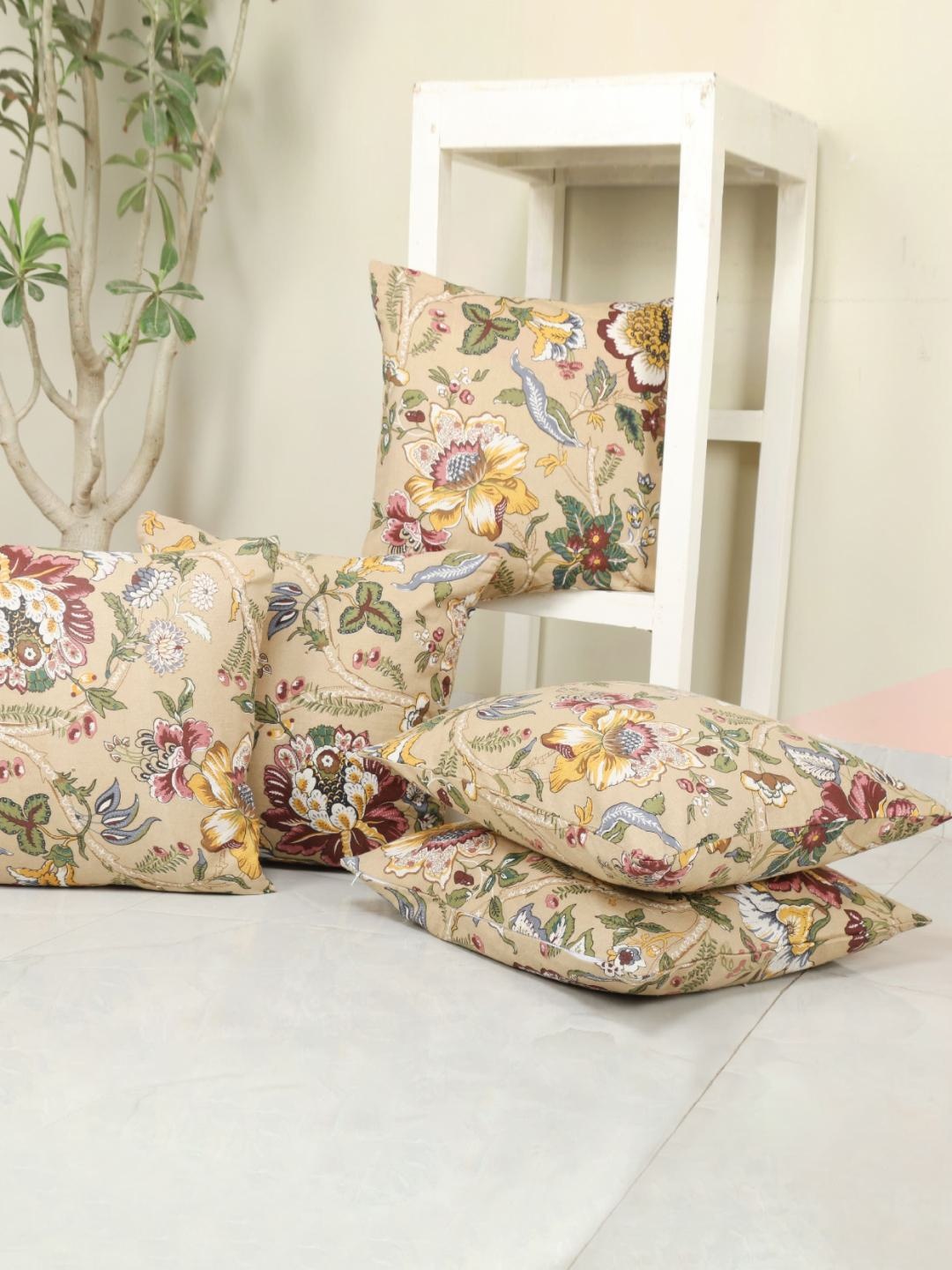 

Clasiko Cream-Coloured & Green Set of 5 Floral Square Cushion Covers