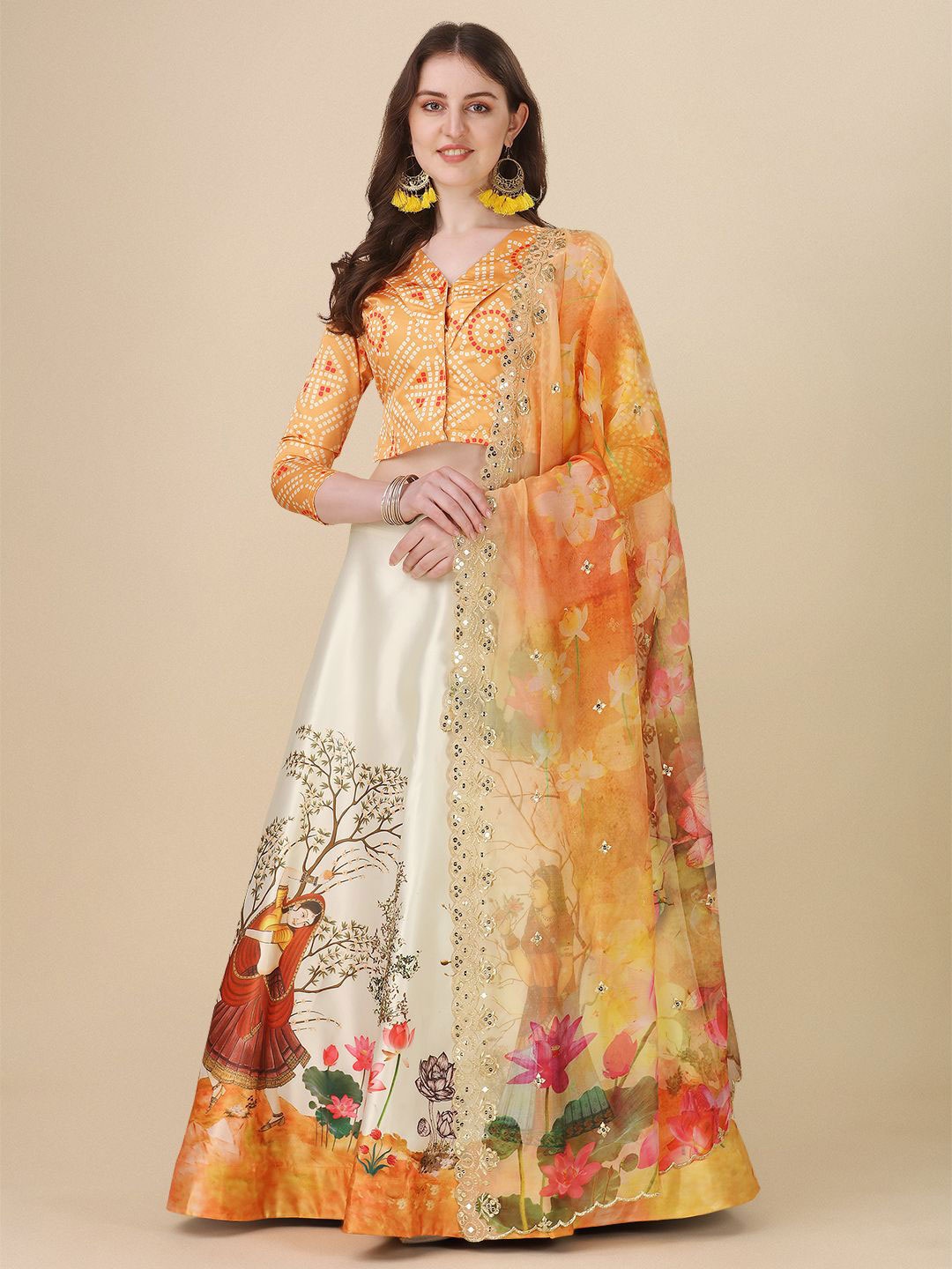 

Kaizen TEXO FAB Printed Semi-Stitched Sequinned Lehenga & Unstitched Blouse With Dupatta, Yellow