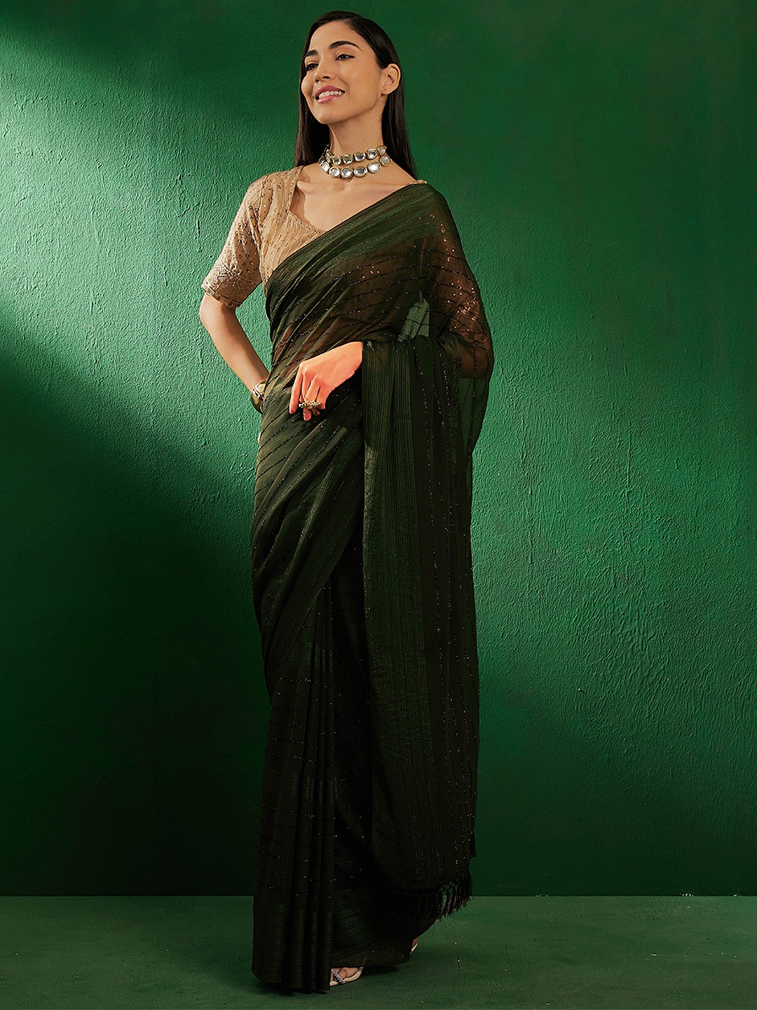 

SHADOW & SAINING Embellished Embroidered Saree, Olive
