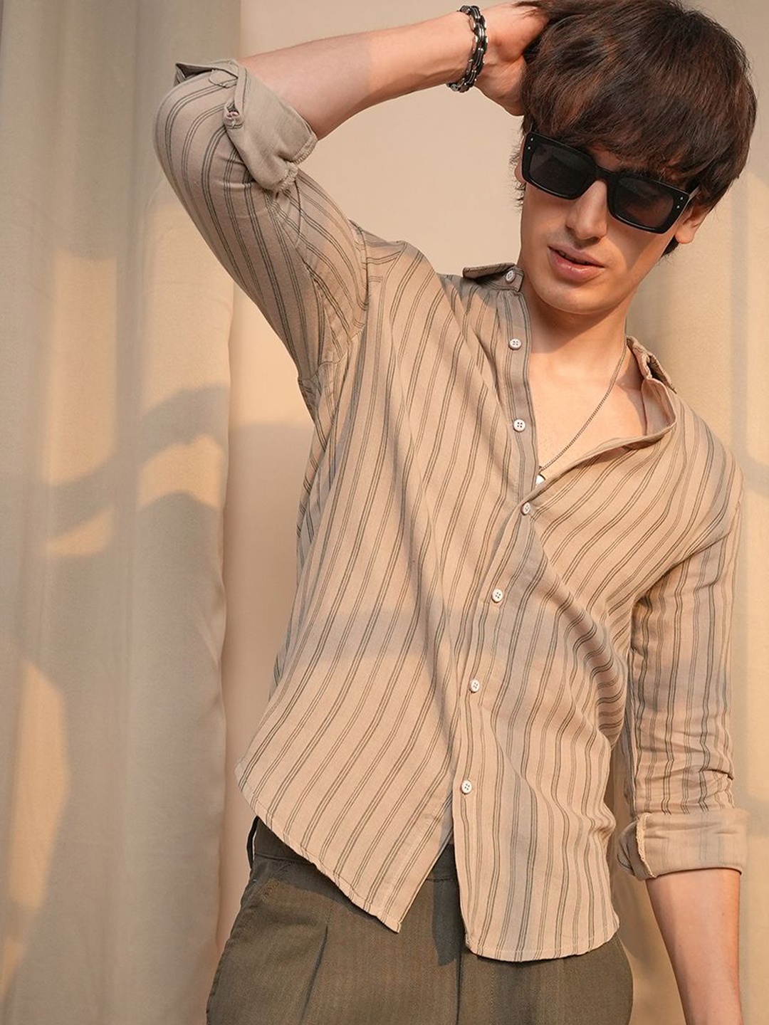 

Campus Sutra Men Comfort Spread Collar Striped Polycotton Casual Shirt, Beige