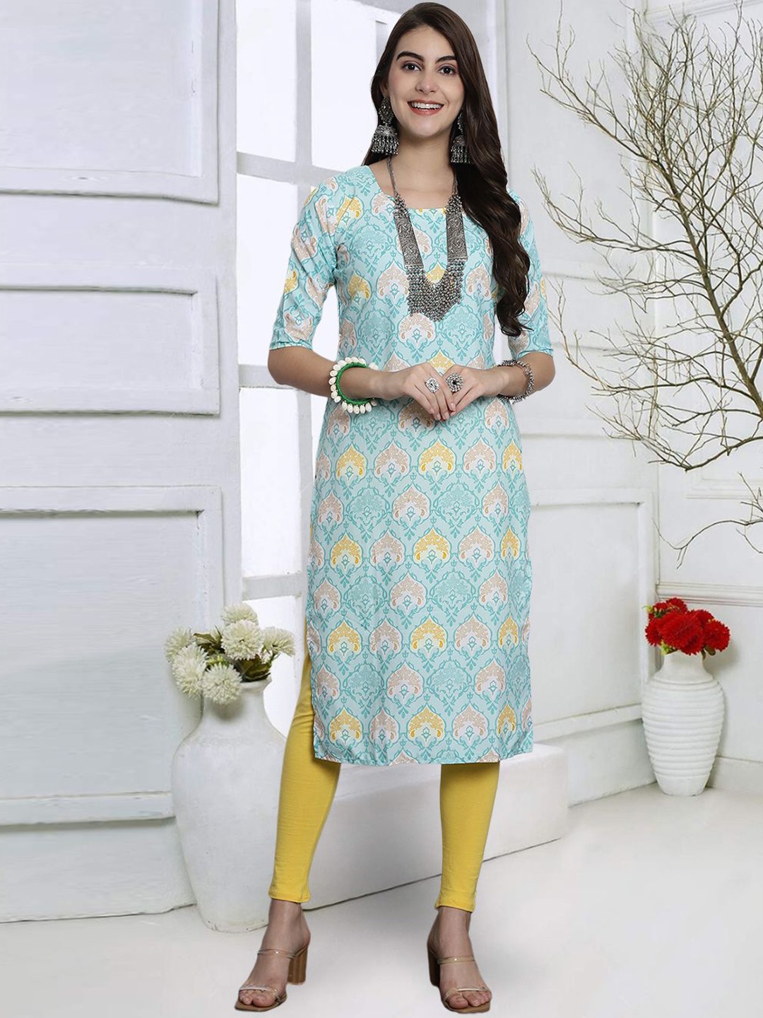 

7Threads Ethnic Motifs Printed Round Neck Straight Kurta, Blue