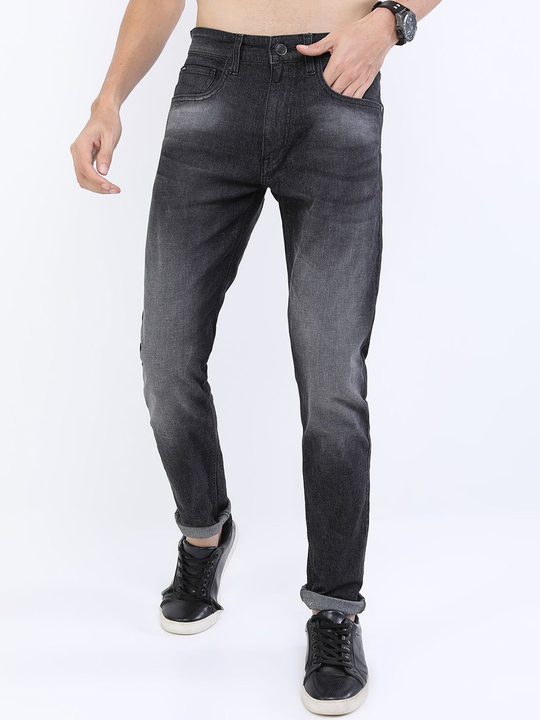 

HIGHLANDER Men Tapered Fit Light Fade Stretchable Jeans, Black