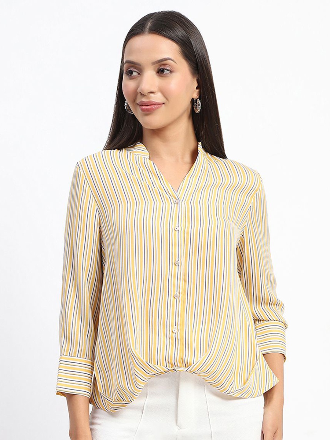 

Madame Women Mandarin Collar Striped Casual Shirt, Mustard