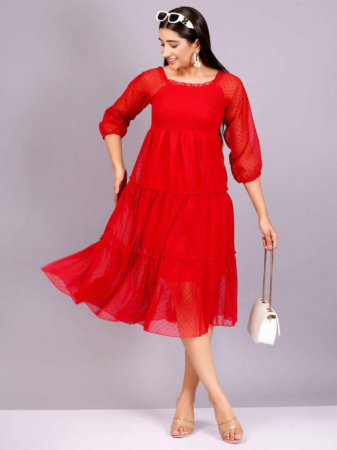 

JC4U Women Puff Sleeve Empire Midi Dress, Red