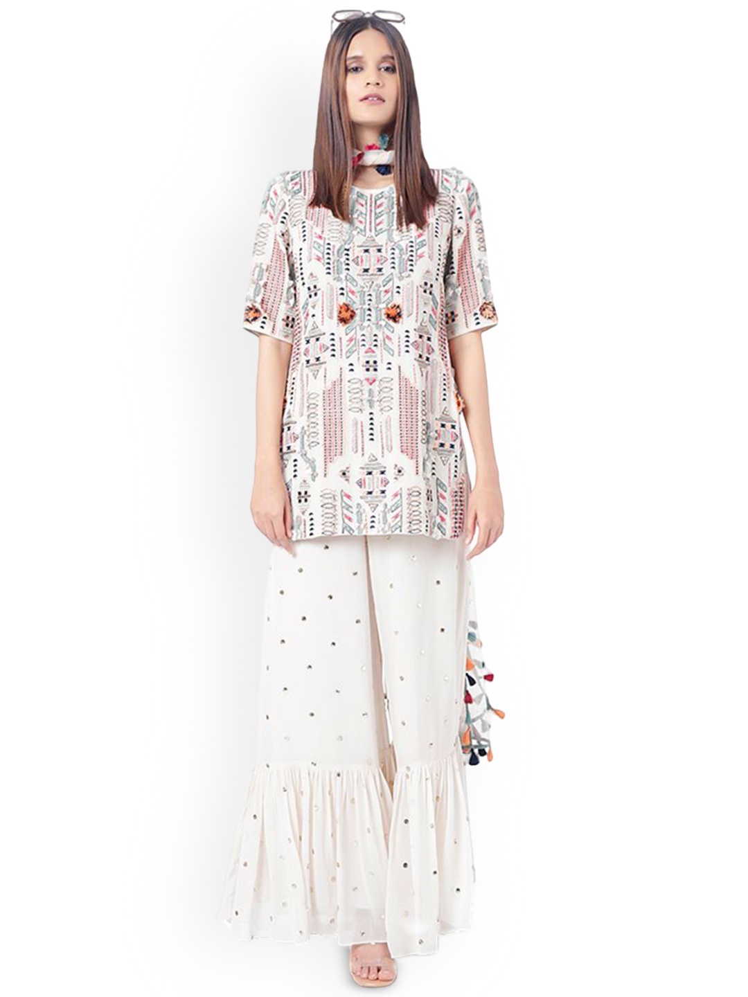 

Payal Singhal Ethnic Motifs Embroidered Round Neck Mukaish Kurti with Sharara & Dupatta, White