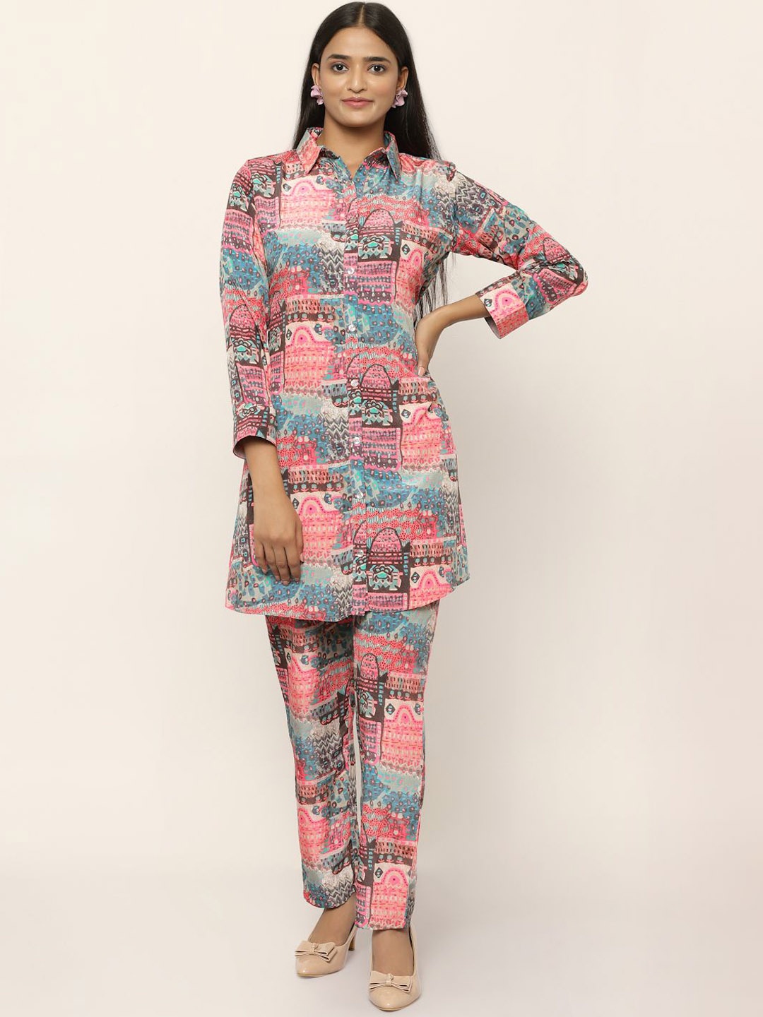 

TANKHI Abstract Printed Shirt Collar Neck Top With Trouser, Pink
