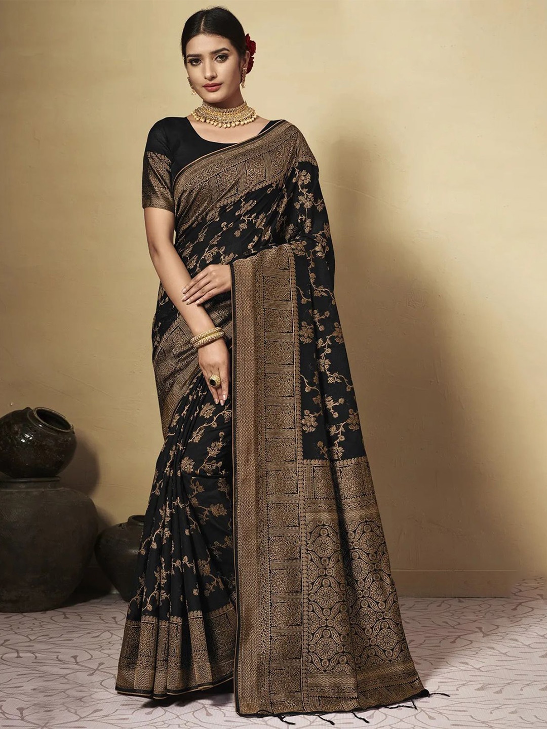 

Jinal & Jinal Woven Design Zari Pure Cotton Chanderi Saree, Black