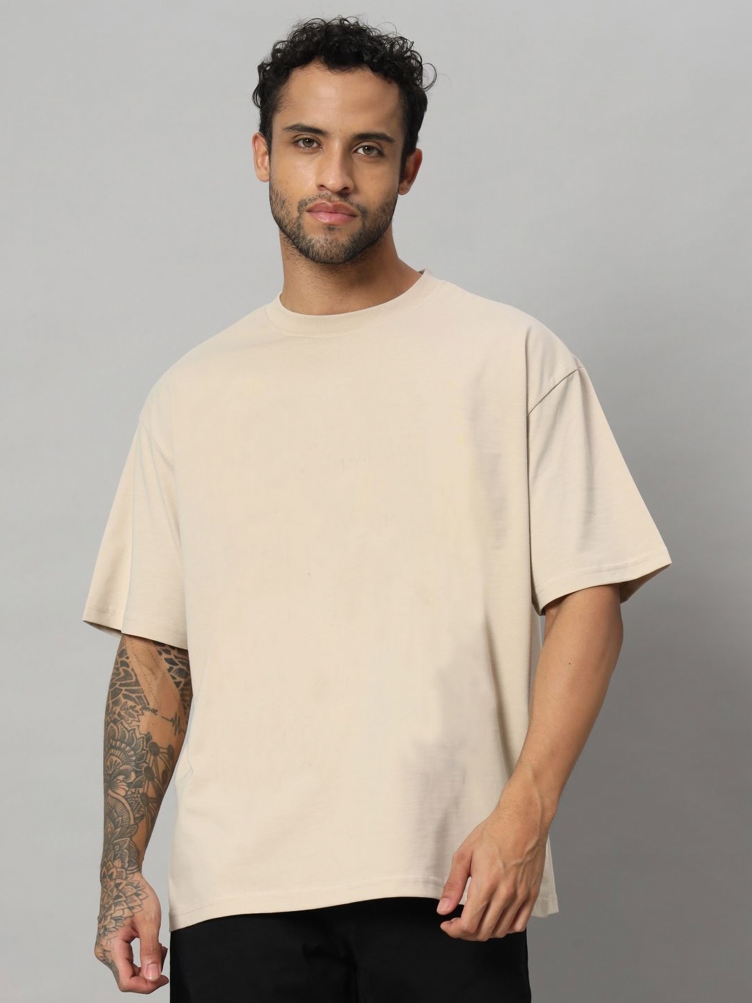 

SWAGNOX Men Drop-Shoulder Sleeves Raw Edge T-shirt, Beige