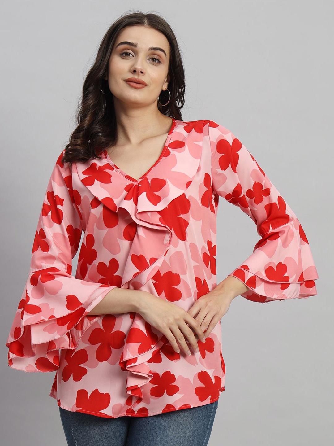 

Curvydrobe Women Floral Printed V-Neck Top, Peach