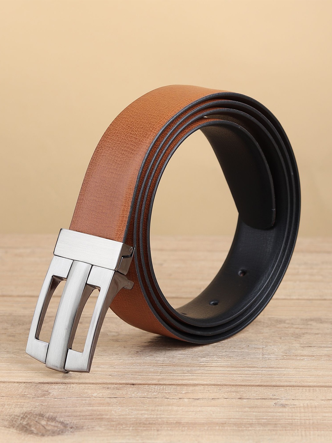 

WINSOME DEAL Men Push Pin Closure Textured Formal Belt, Tan