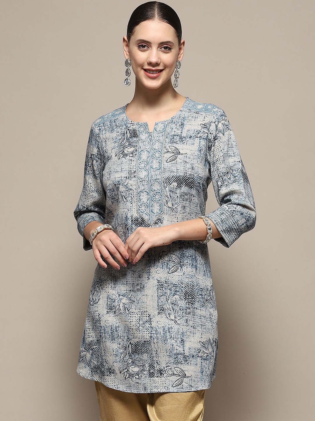 

Biba Floral Printed Notch Neck Silk Straight Kurta, Blue