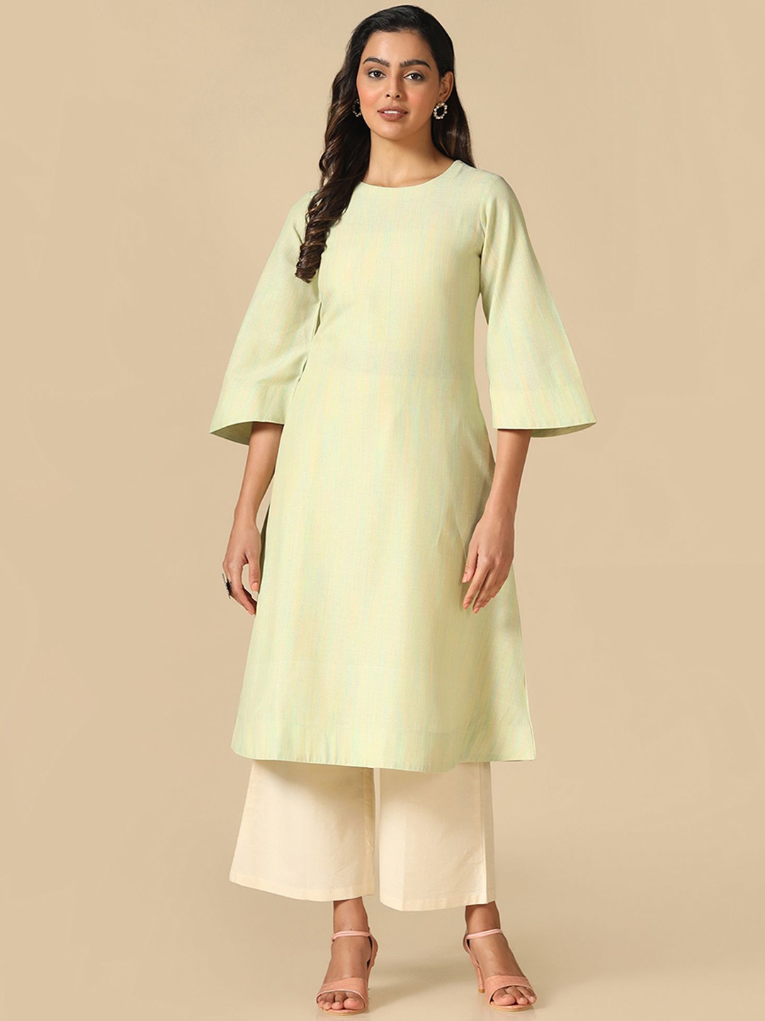 

KALINI Striped Round Neck Straight Kurta, Green