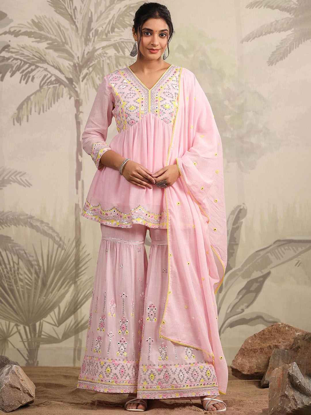 

Kaftanize Ethnic Motifs Embroidered Pure Cotton Kurta with sharara & Dupatta, Pink