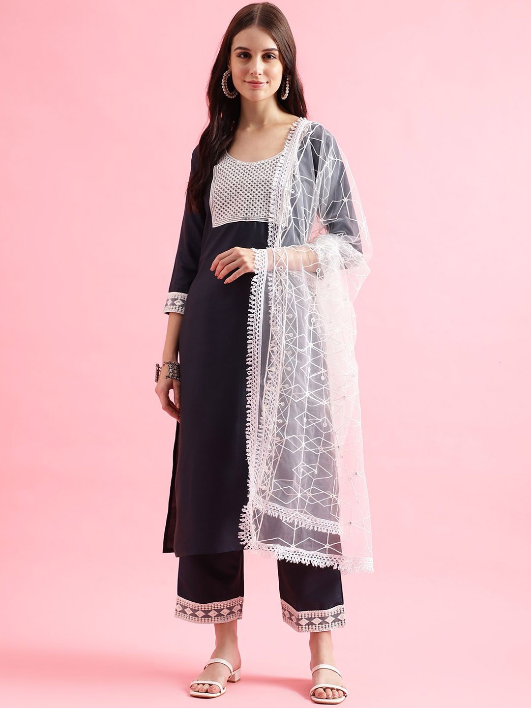 

KALINI Geometric Yoke Design Thread Work Kurta with Trousers & Dupatta, Navy blue